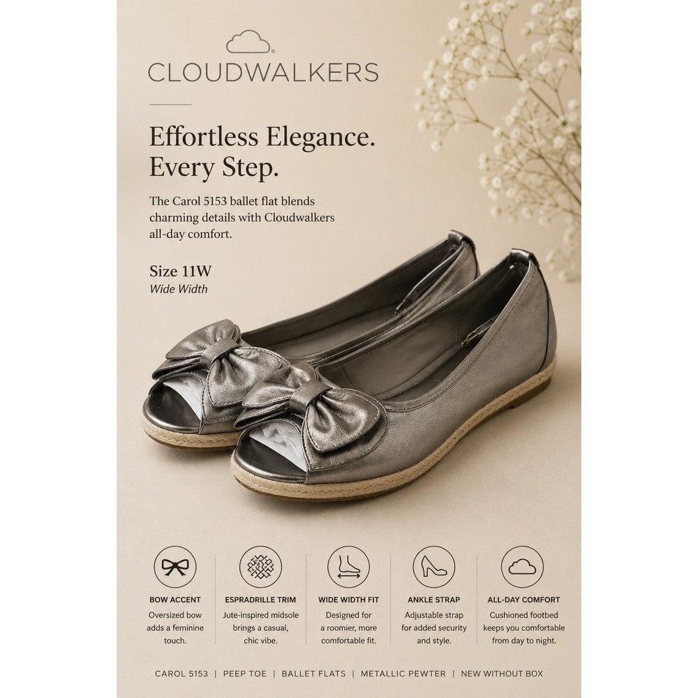 Cloudwalkers Carol Ballet Flats Womens‎ 11W Pewter Metallic Peep Toe Bow Ankle